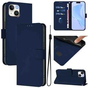 For iPhone 15 Skin Feel Solid Color Leather Phone Case with Lanyard(Navy Blue)