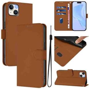 For iPhone 14 Plus Skin Feel Solid Color Leather Phone Case with Lanyard(Brown)