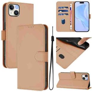 For iPhone 14 Plus Skin Feel Solid Color Leather Phone Case with Lanyard(Nude)