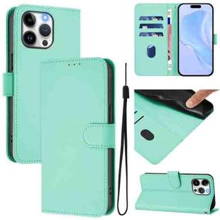 For iPhone 14 Pro Max Skin Feel Solid Color Leather Phone Case with Lanyard(Mint Green)