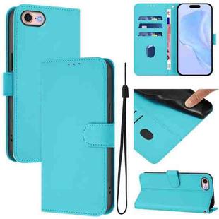 For iPhone SE 2022 / 2020 Skin Feel Solid Color Leather Phone Case with Lanyard(Lake Blue)