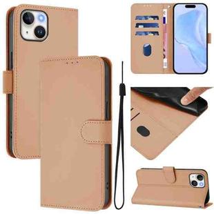 For iPhone 13 mini Skin Feel Solid Color Leather Phone Case with Lanyard(Nude)