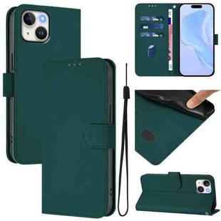For iPhone 13 mini Skin Feel Solid Color Leather Phone Case with Lanyard(Dark Green)