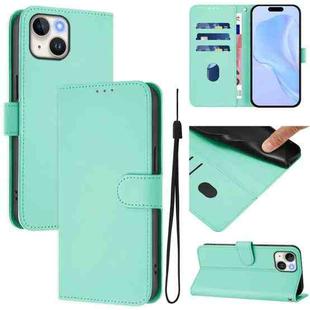 For iPhone 12 mini Skin Feel Solid Color Leather Phone Case with Lanyard(Mint Green)