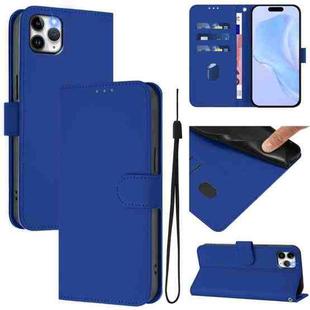 For iPhone 11 Pro Max Skin Feel Solid Color Leather Phone Case with Lanyard(Dark Blue)