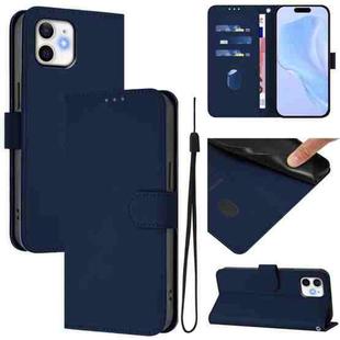 For iPhone 11 Skin Feel Solid Color Leather Phone Case with Lanyard(Navy Blue)