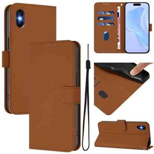 For iPhone XS / X Skin Feel Solid Color Leather Phone Case with Lanyard(Brown)