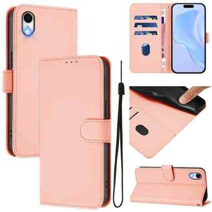 For iPhone XR Skin Feel Solid Color Leather Phone Case with Lanyard(Pink)
