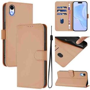 For iPhone XR Skin Feel Solid Color Leather Phone Case with Lanyard(Nude)