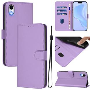 For iPhone XR Skin Feel Solid Color Leather Phone Case with Lanyard(Lavender Purple)