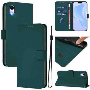 For iPhone XR Skin Feel Solid Color Leather Phone Case with Lanyard(Dark Green)