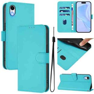 For iPhone XR Skin Feel Solid Color Leather Phone Case with Lanyard(Lake Blue)
