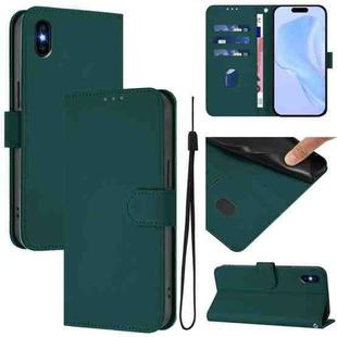 For iPhone XS Max Skin Feel Solid Color Leather Phone Case with Lanyard(Dark Green)