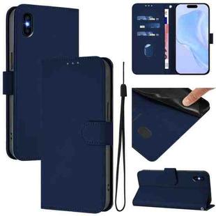 For iPhone XS Max Skin Feel Solid Color Leather Phone Case with Lanyard(Navy Blue)