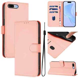 For iPhone 8 Plus / 7 Plus Skin Feel Solid Color Leather Phone Case with Lanyard(Pink)