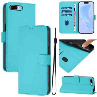 For iPhone 8 Plus / 7 Plus Skin Feel Solid Color Leather Phone Case with Lanyard(Lake Blue)