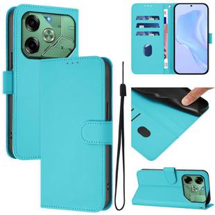 For Tecno Pova 6 4G Skin Feel Solid Color Leather Phone Case with Lanyard(Lake Blue)