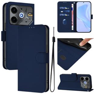 For Tecno Pova 6 Neo Skin Feel Solid Color Leather Phone Case with Lanyard(Navy Blue)
