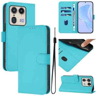 For Motorola Edge 50 5G Global Skin Feel Solid Color Leather Phone Case with Lanyard(Lake Blue)