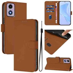 For Motorola Moto E14 / G04 4G Skin Feel Solid Color Leather Phone Case with Lanyard(Brown)