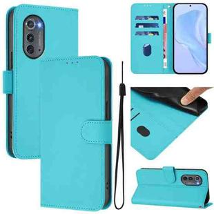 For Motorola Edge 2022 Skin Feel Solid Color Leather Phone Case with Lanyard(Lake Blue)