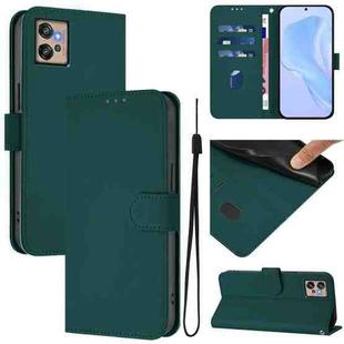 For Motorola Moto G32 Skin Feel Solid Color Leather Phone Case with Lanyard(Dark Green)