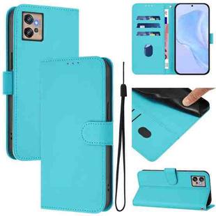 For Motorola Moto G32 Skin Feel Solid Color Leather Phone Case with Lanyard(Lake Blue)