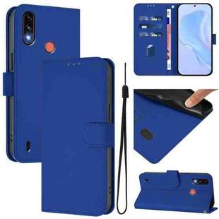 For Motorola Moto E7 Power Skin Feel Solid Color Leather Phone Case with Lanyard(Dark Blue)