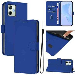 For Motorola Moto G64 India Skin Feel Solid Color Leather Phone Case with Lanyard(Dark Blue)