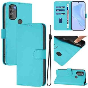 For Motorola Moto G71 5G Skin Feel Solid Color Leather Phone Case with Lanyard(Lake Blue)