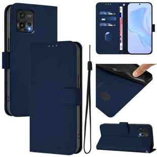 For Motorola Moto G72 Skin Feel Solid Color Leather Phone Case with Lanyard(Navy Blue)