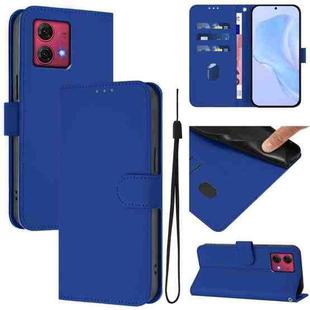 For Motorola Moto G84 5G Skin Feel Solid Color Leather Phone Case with Lanyard(Dark Blue)