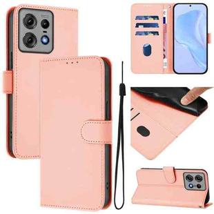 For Motorola Edge 50 Pro Skin Feel Solid Color Leather Phone Case with Lanyard(Pink)