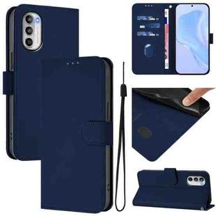 For Motorola Moto G52 4G / G82 5G Skin Feel Solid Color Leather Phone Case with Lanyard(Navy Blue)