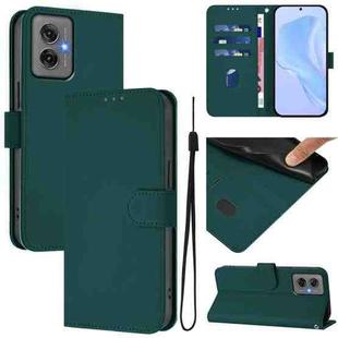 For Motorola Moto G55 Skin Feel Solid Color Leather Phone Case with Lanyard(Dark Green)