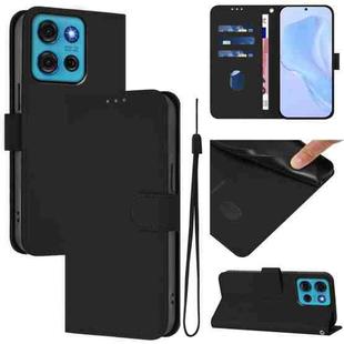 For Motorola Moto G75 5G Skin Feel Solid Color Leather Phone Case with Lanyard(Black)