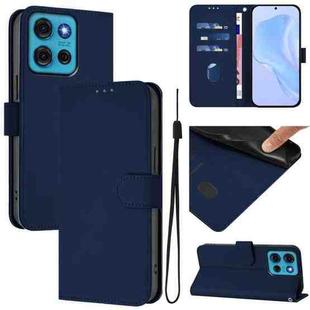 For Motorola Moto G75 5G Skin Feel Solid Color Leather Phone Case with Lanyard(Navy Blue)