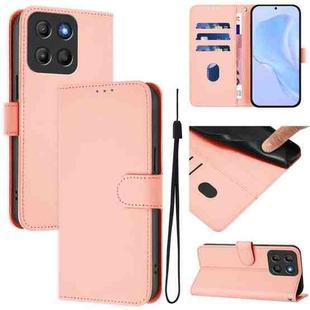 For Motorola Moto G15 Skin Feel Solid Color Leather Phone Case with Lanyard(Pink)