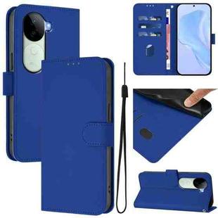 For vivo V40E 5G India / iQOO Z9s 5G Skin Feel Solid Color Leather Phone Case with Lanyard(Dark Blue)