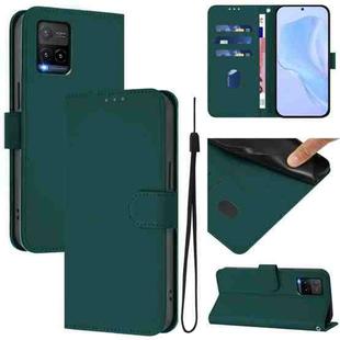 For vivo Y33S 4G Global / Y21 2021 Skin Feel Solid Color Leather Phone Case with Lanyard(Dark Green)