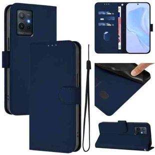 For vivo Y55S 2023 5G / Y55 5G Global Skin Feel Solid Color Leather Phone Case with Lanyard(Navy Blue)