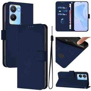 For vivo Y56 5G Global / Y16 4G Global Skin Feel Solid Color Leather Phone Case with Lanyard(Navy Blue)