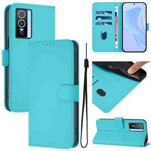 For vivo Y76 5G Skin Feel Solid Color Leather Phone Case with Lanyard(Lake Blue)