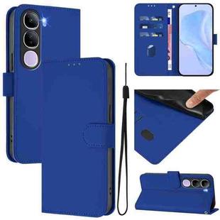 For vivo V40 Lite 5G IDN Skin Feel Solid Color Leather Phone Case with Lanyard(Dark Blue)