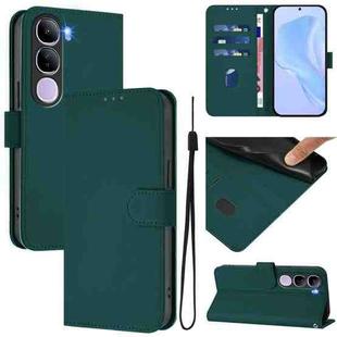 For vivo V40 Lite 5G IDN Skin Feel Solid Color Leather Phone Case with Lanyard(Dark Green)