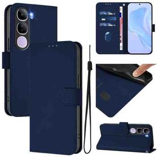 For vivo V40 Lite 5G IDN Skin Feel Solid Color Leather Phone Case with Lanyard(Navy Blue)