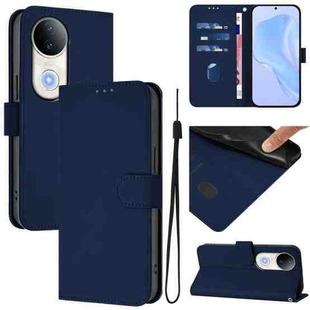 For vivo S20 Skin Feel Solid Color Leather Phone Case with Lanyard(Navy Blue)