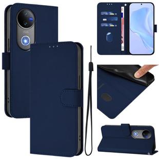 For vivo V50 Global Skin Feel Solid Color Leather Phone Case with Lanyard(Navy Blue)