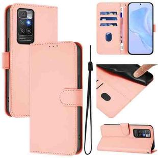 For Redmi 10 4G 2021 Global Skin Feel Solid Color Leather Phone Case with Lanyard(Pink)