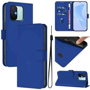 For Redmi 12C / 11A Skin Feel Solid Color Leather Phone Case with Lanyard(Dark Blue)